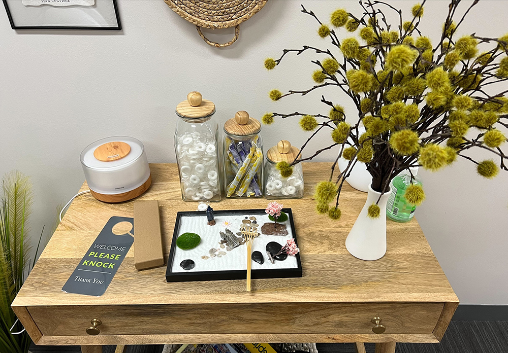 the Zen garden in the wellness room