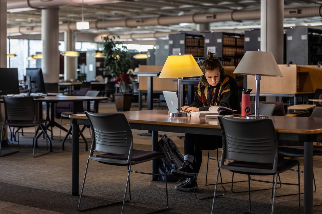 a photo of a woman studying in the hulston law library