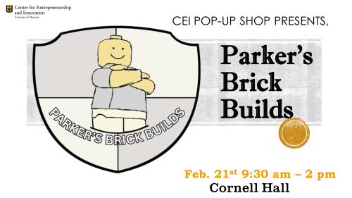 an image with a lego man saying parkers brick builds CEI pop up shop presents.