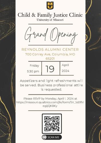 a flyer for the grand opening of the clinic on friday april 19 at 5:30 pm at the reynolds alumni center. Appetizers and light refreshments will be served RSVP by Monday april 1