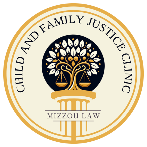 a graphic with child and family justice clinic writeen on it with a column and a scale