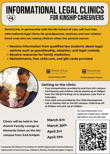 A flyer for informational legal clinics for kinship caregivers