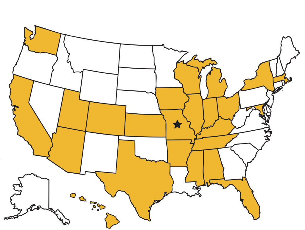 a map of the us with 24 states highlighted gold