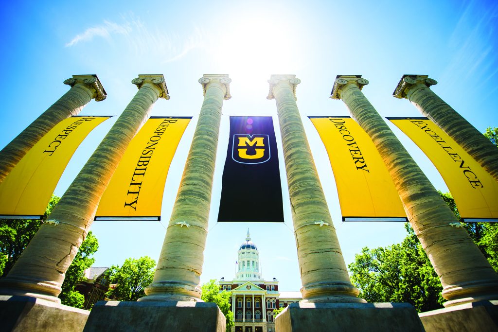 Respect, Responsibility, Discovery and Excellence banners. The Quad. Jesse Hall.