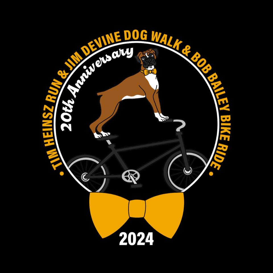 heinsz race logo with a dog riding a bike