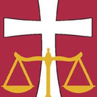 christian legal society logo of a white cross with scales of justice

