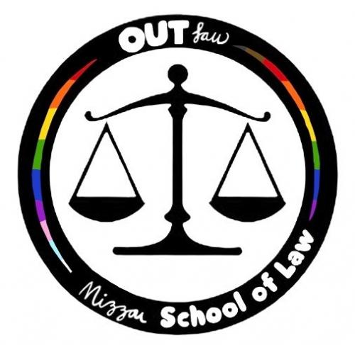 logo for outlaw with a rainbow coloring in a circle around scales of justice