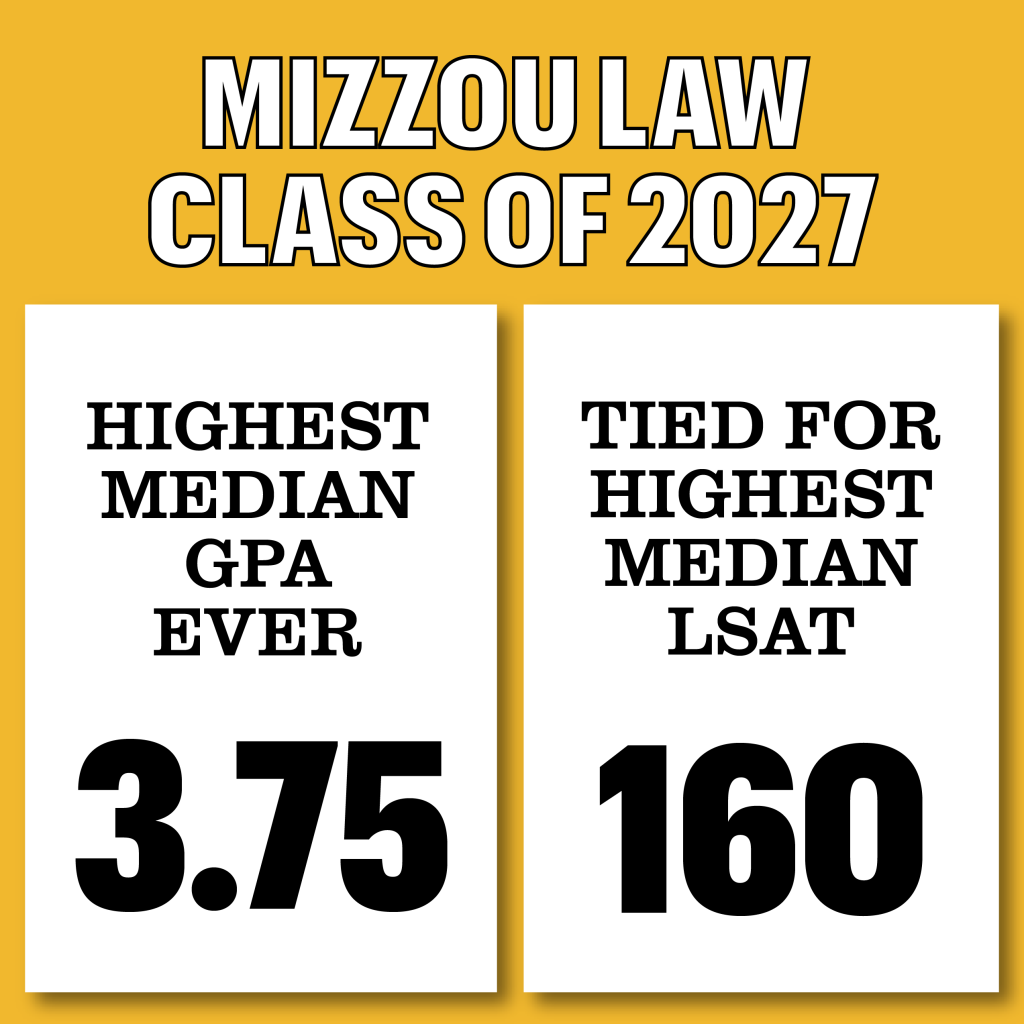 graphic saying mizzou law class of 2027 highest median gpa ever 3.75 tied for higheset median alsat 160