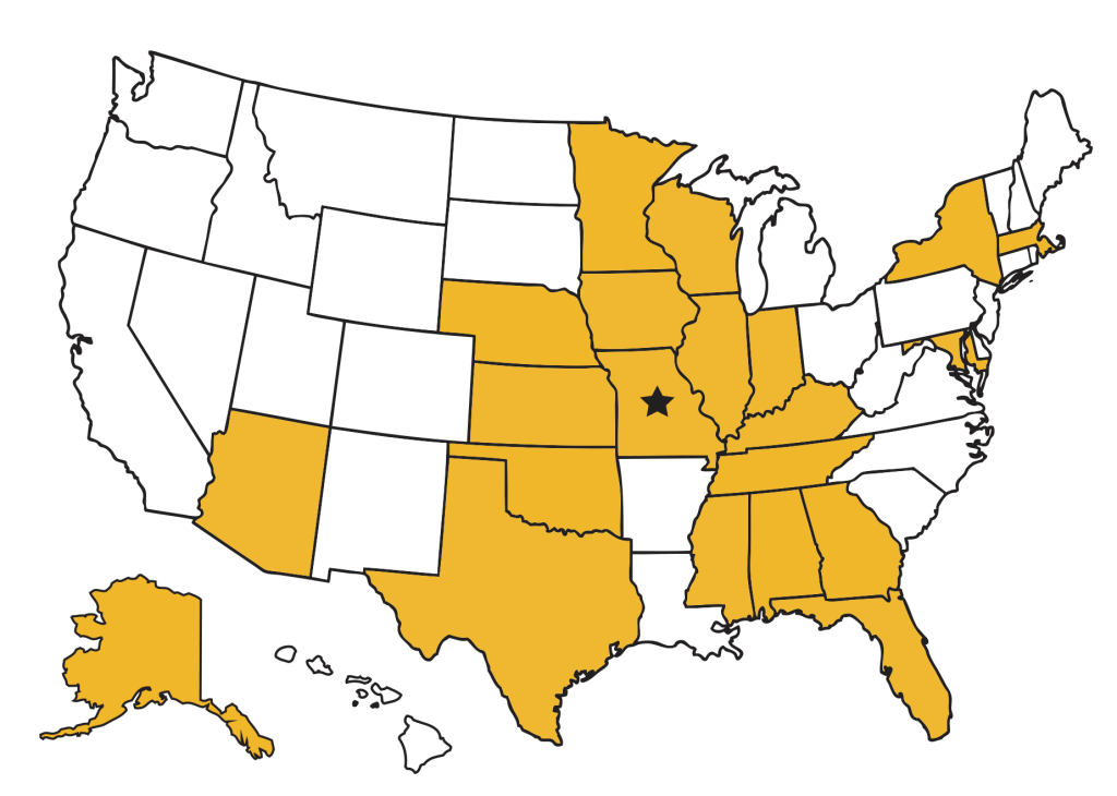 a map of the us with several states highlighted gold