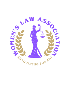 women's law association logo, purple with a lady of justice holding scales