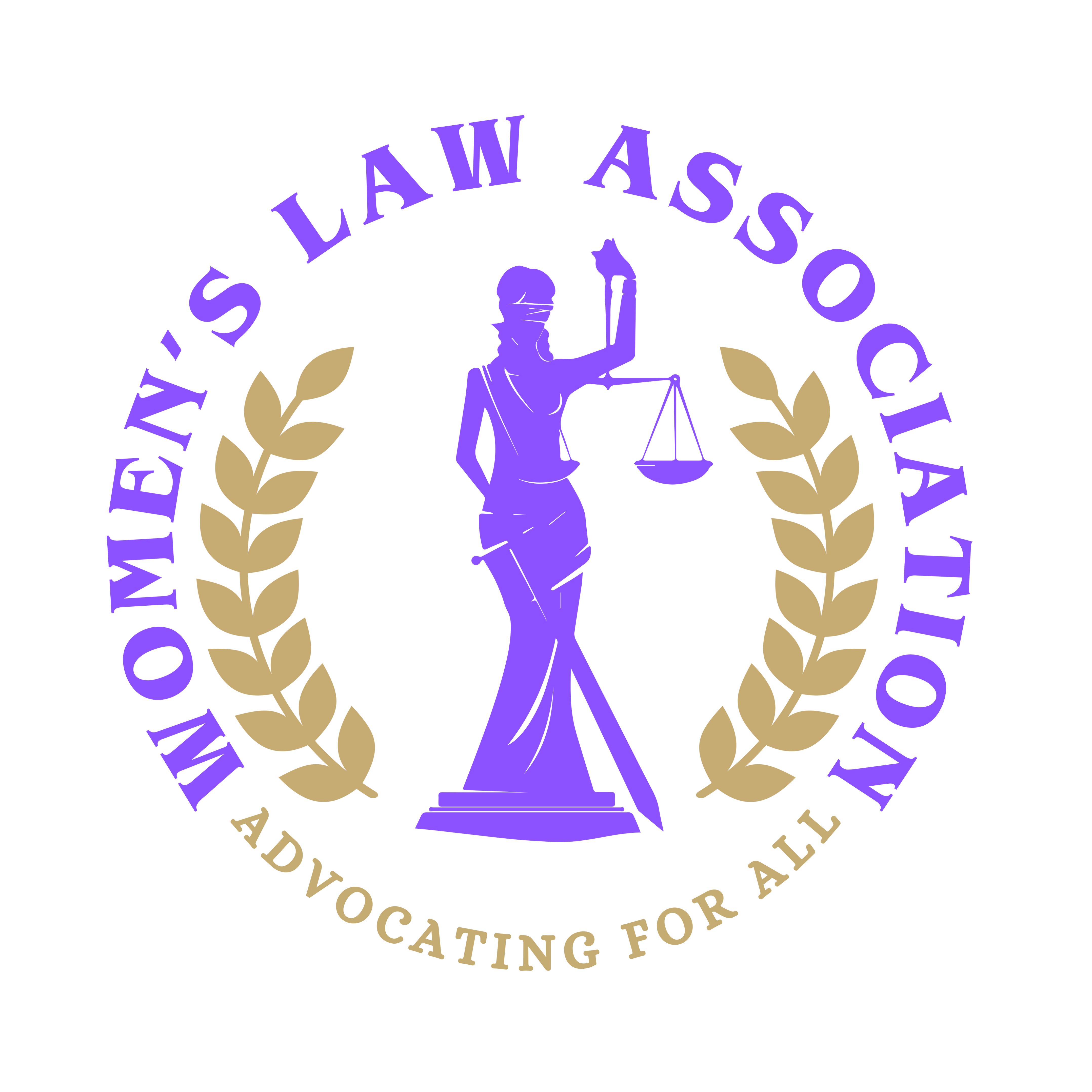 women's law association logo, purple with a lady of justice holding scales