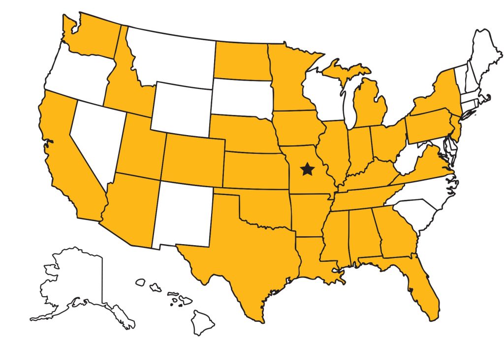 a US map with some states in gold and some in white