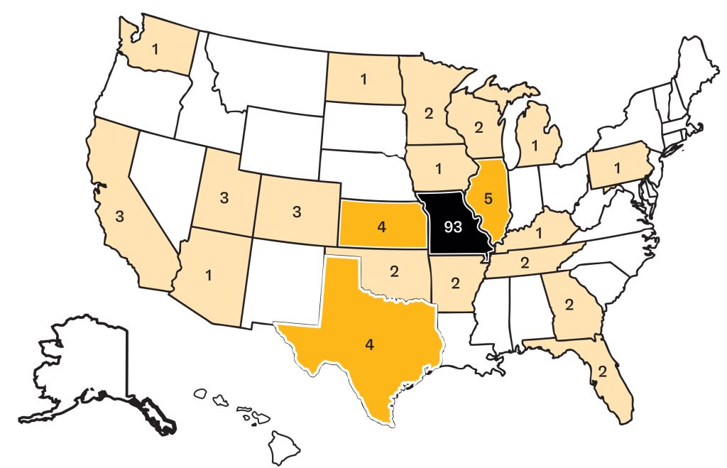 a US map with some states in gold and Missouri in black